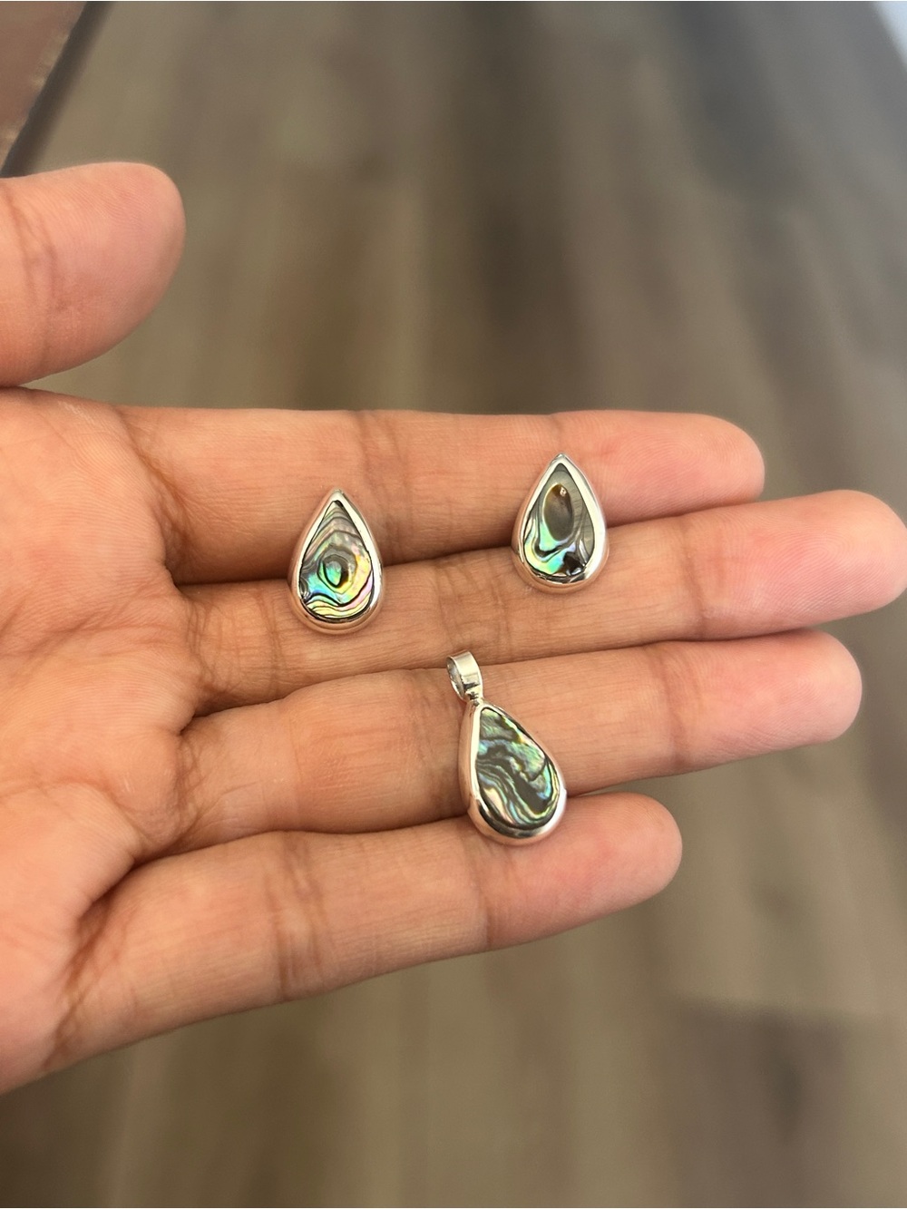 Taxco Mexigo 925 Sterling Silver Abalone Shell Teardrop Earrings & Pendant Set - Picture 2 of 8